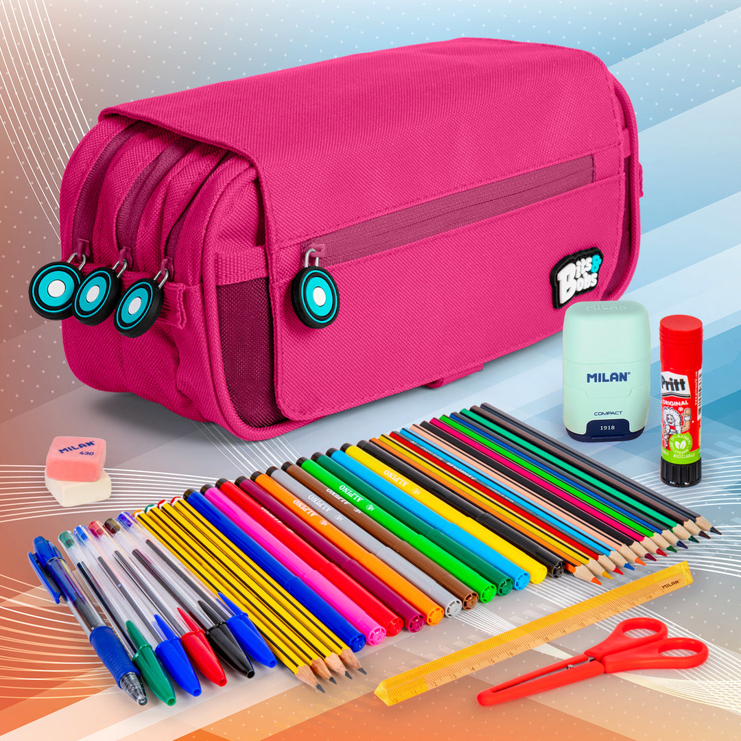 Grafoplás - Estuche Portatodo Triple con Solapa para Material Escolar. Magenta