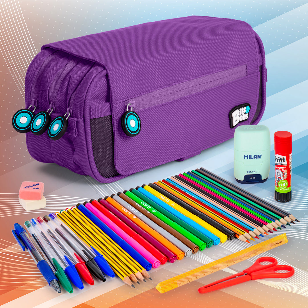 Grafoplás - Estuche Portatodo Triple con Solapa para Material Escolar. Violeta