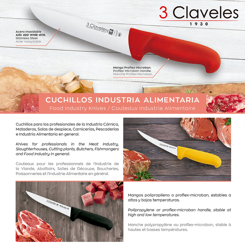 3 Claveles Proflex - Cuchillo Profesional Carnicero Alveolado 24 cm Microban. Rojo