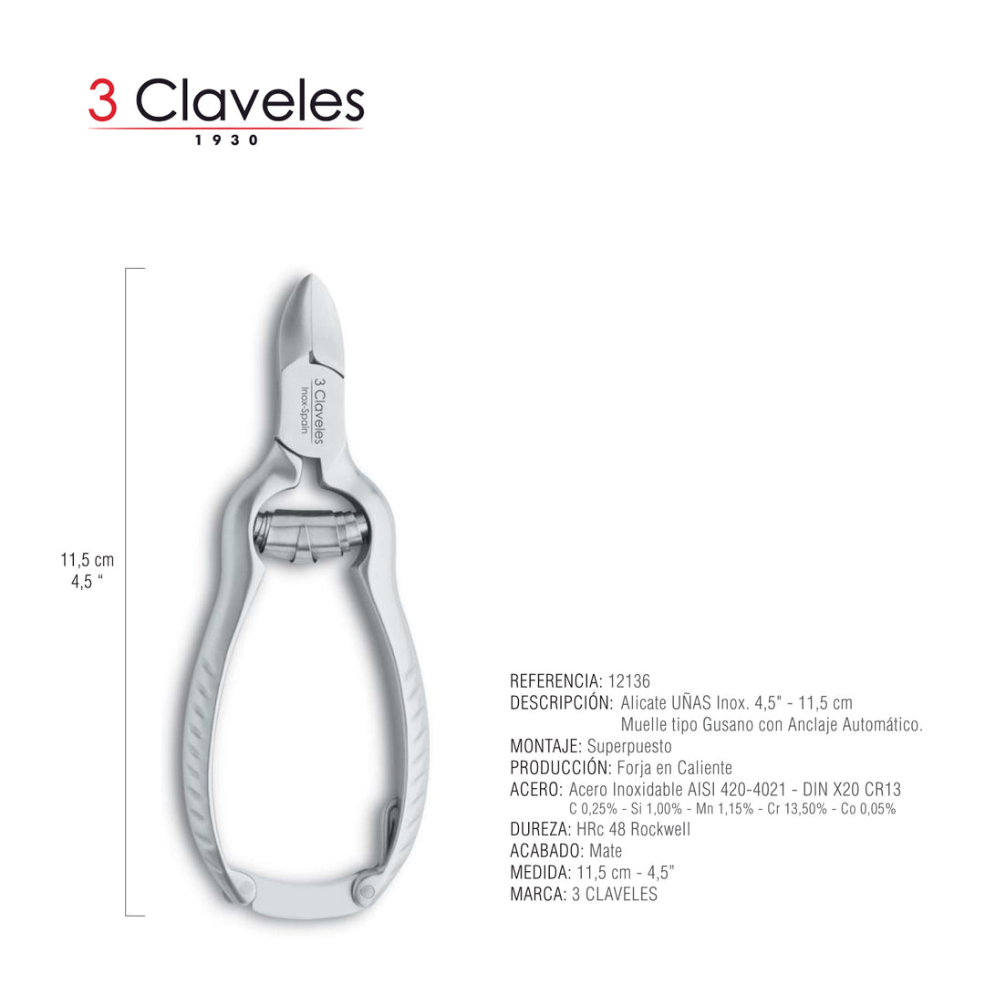 3 Claveles - Alicate de Uñas Inoxidable Forjado en Caliente, Medidas 11.5 cm