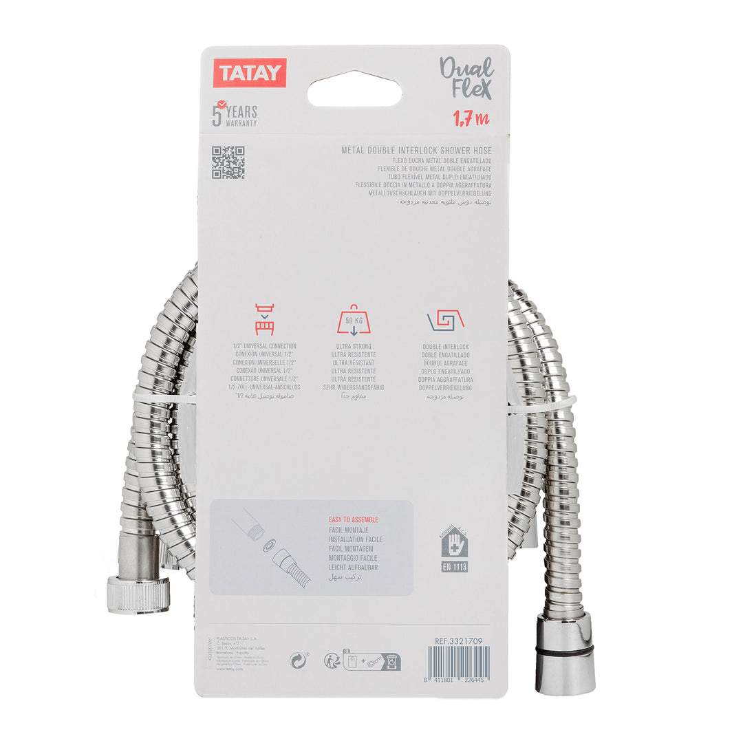 TATAY Dual Flex - Flexo de Ducha en Acero y Latón de 1.7m Doble Engatillado Reforzado