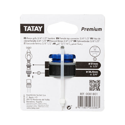 TATAY Premium - Conector Universal para Grifo de 3/4" y 1/2" Hembra. Racor Anti UV