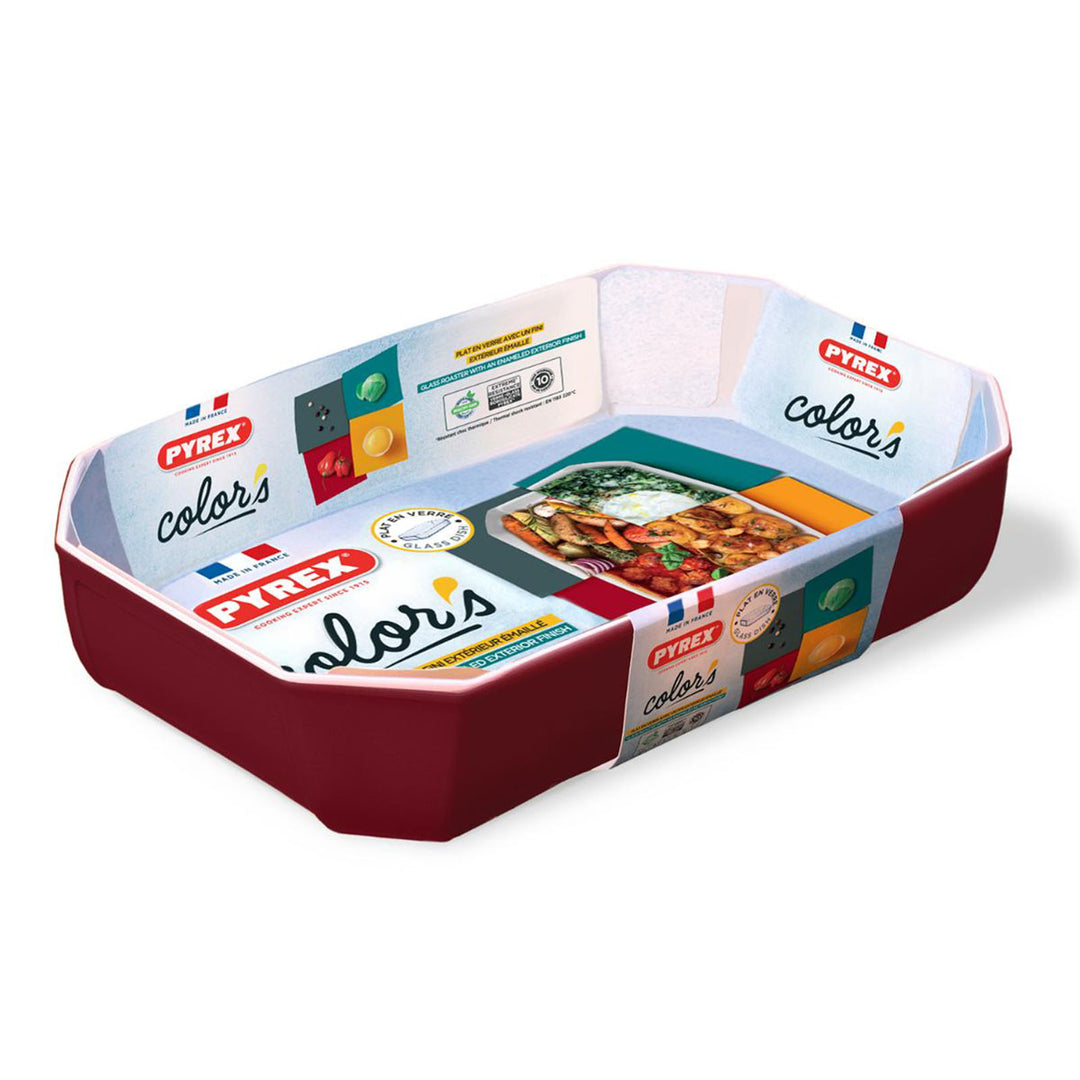 PYREX Colors - Fuente Rectangular en Boro, Apto para Microondas, Rojo, 3.2 L