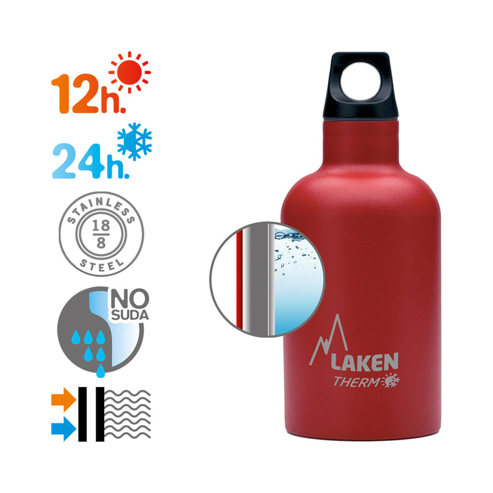 LAKEN Futura - Botella Térmica de Boca Estrecha 0.35L en Acero Inoxidable. Rojo