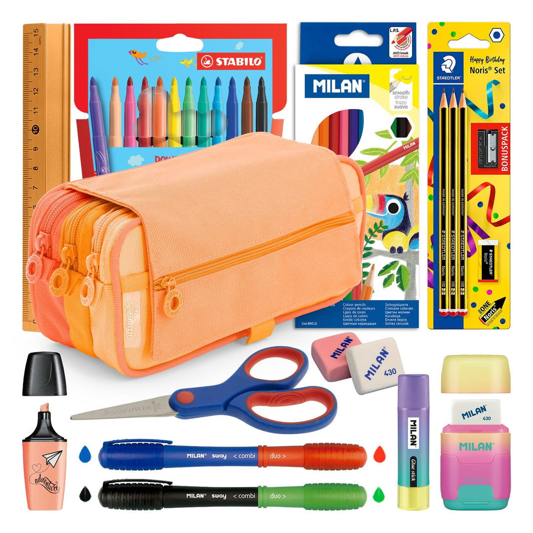 ColePack Blush - Vuelta al Cole con Estuche Triple de 3 Cremalleras y Material Incluido. Naranja