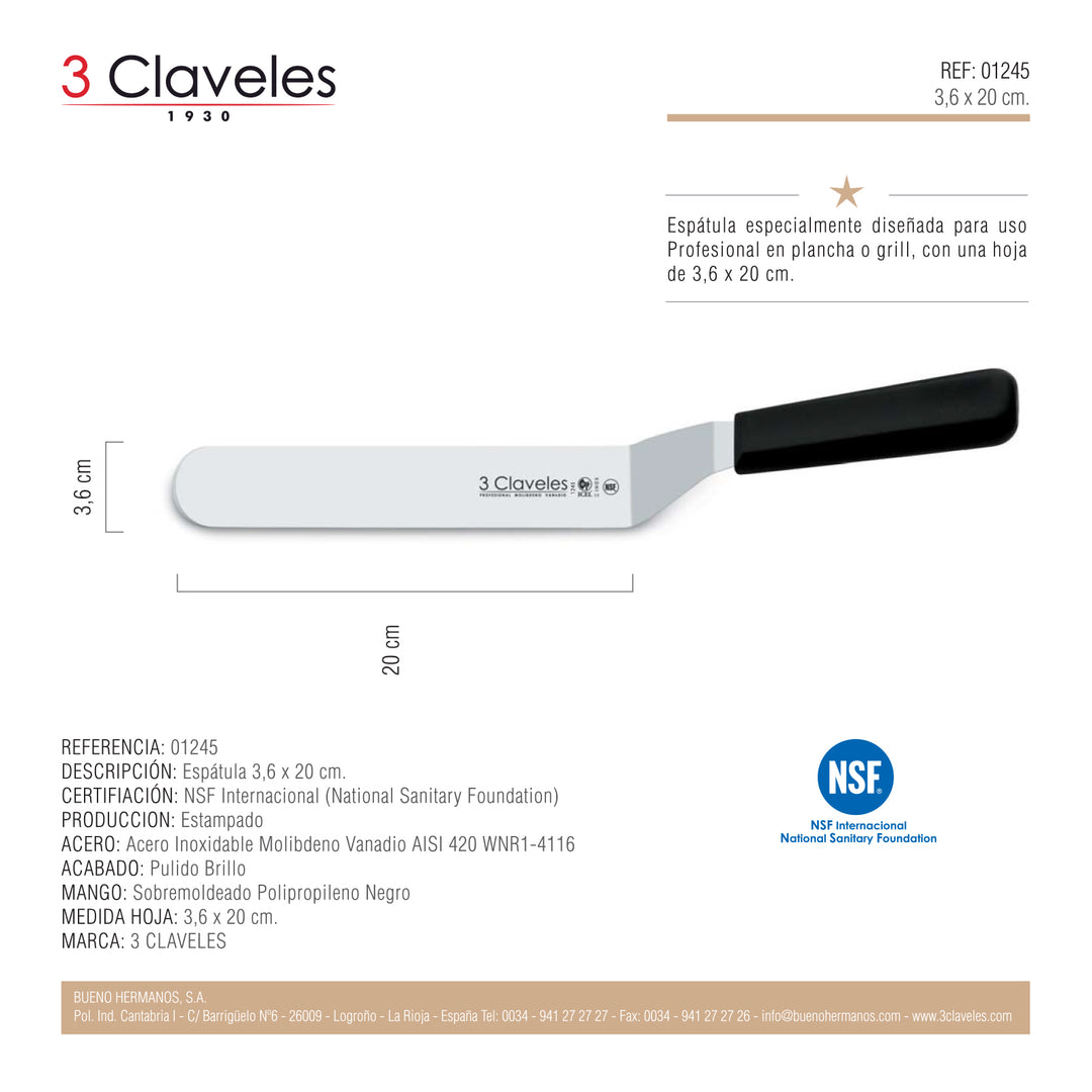 3 Claveles Proflex - Espátula Profesional Curvada y Flexible 20 cm Microban. Negro